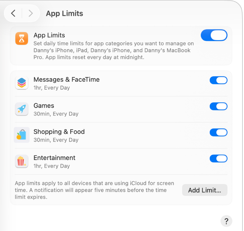 Definições de limites para aplicações em Tempo de ecrã com a opção Limites para aplicações ativa. Os limites de tempo estão configurados para quatro categorias de aplicações.