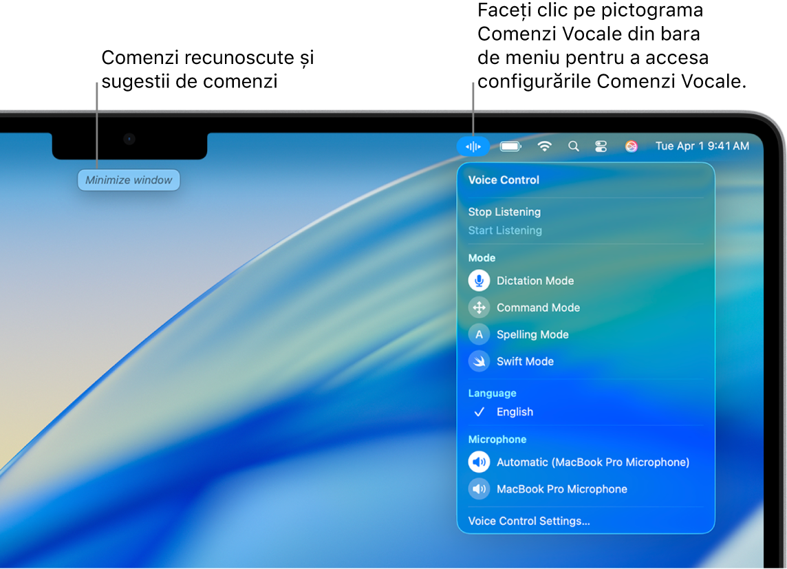 O sugestie de comandă este afișată în partea de sus a desktopului. În dreapta, este afișată pictograma Comenzi vocale în bara de meniu și este deschis meniul Comenzi vocale.