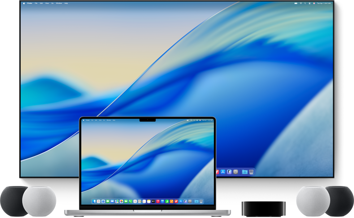 Un computer Mac și dispozitivele către care poate difuza conținut în flux utilizând AirPlay (de exemplu, un Apple TV 4K, difuzoare HomePod mini și un smart TV).