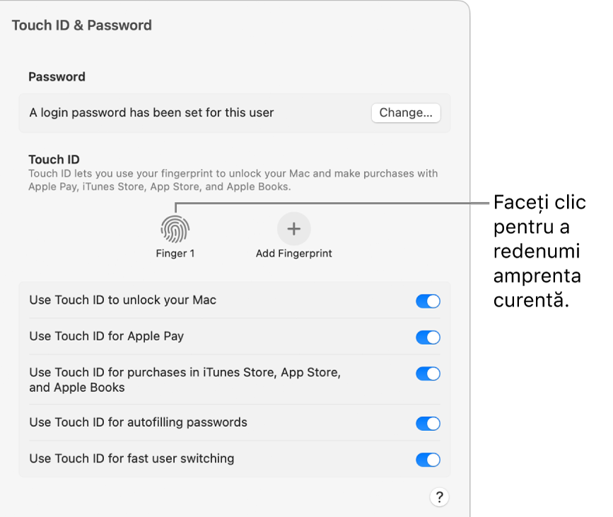 Configurările Touch ID și parolă afișând o amprentă gata de utilizat pentru deblocarea Mac-ului.