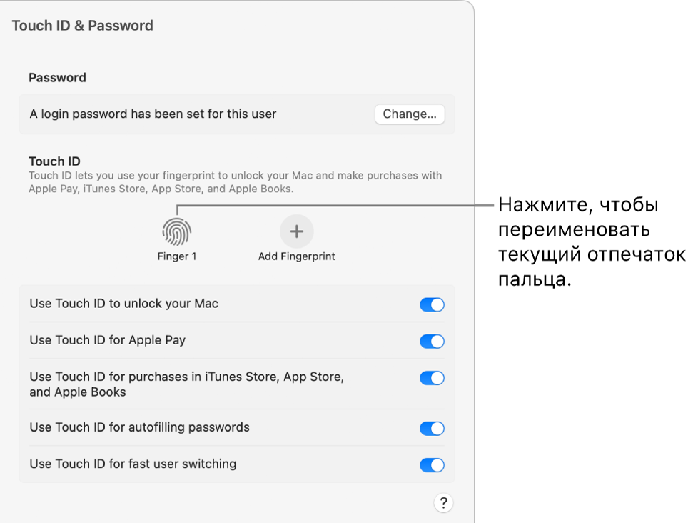Панель настроек «Touch ID и код‑пароль» с готовым отпечатком, который можно использовать для разблокирования Mac.