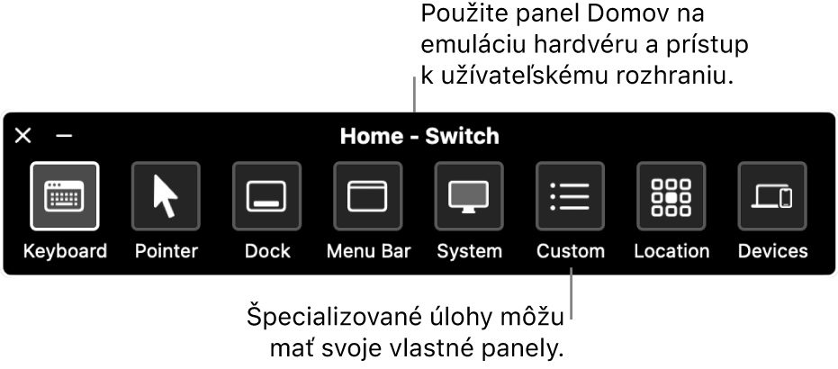 Domovský panel Switch Control obsahujúci (zľava doprava) tlačidlá na ovládanie klávesnice, kurzora, Docku, lišty, systémového ovládania, vlastných panelov, umiestnenia obrazovky a ostatných zariadení.