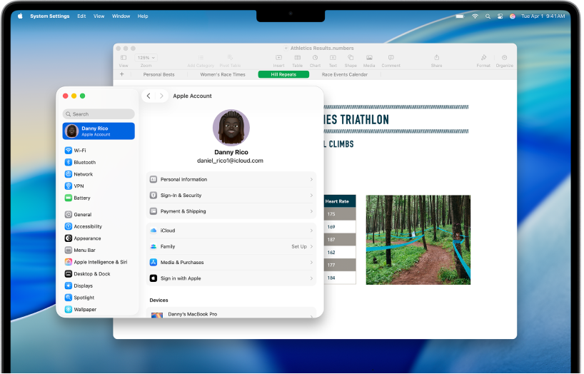 Plocha Macu s otvoreným Apple účtom a otvoreným dokumentom apky Numbers.