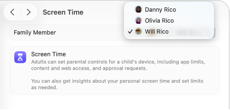 Nastavenia Času pred obrazovkou s označeným dieťaťom vo vyskakovacom menu Člen rodiny.