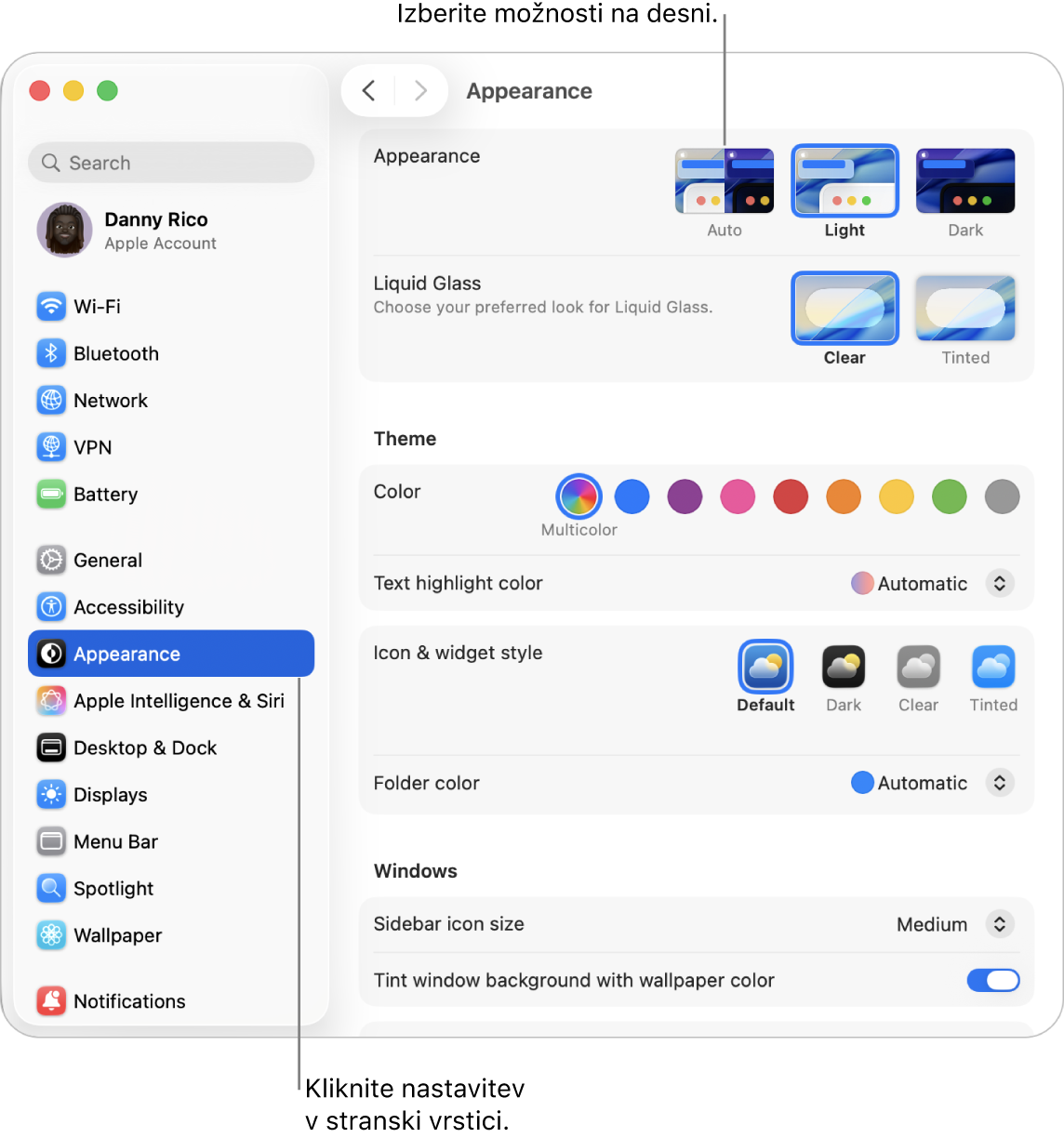 Okno Nastavitev sistema z izbranimi nastavitvami Videz v stranski vrstici in možnostmi videza na desni.