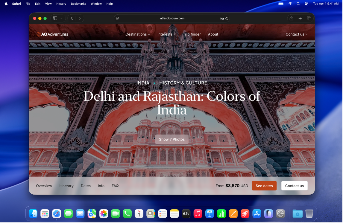 Macovo namizje, ki je nastavljeno na temni videz in prikazuje okno aplikacije, vrstico Dock in menijsko vrstico na temnem ozadju.