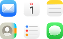 Symboler för Mail, Kalender, Anteckningar, Kontakter, Påminnelser och Meddelanden