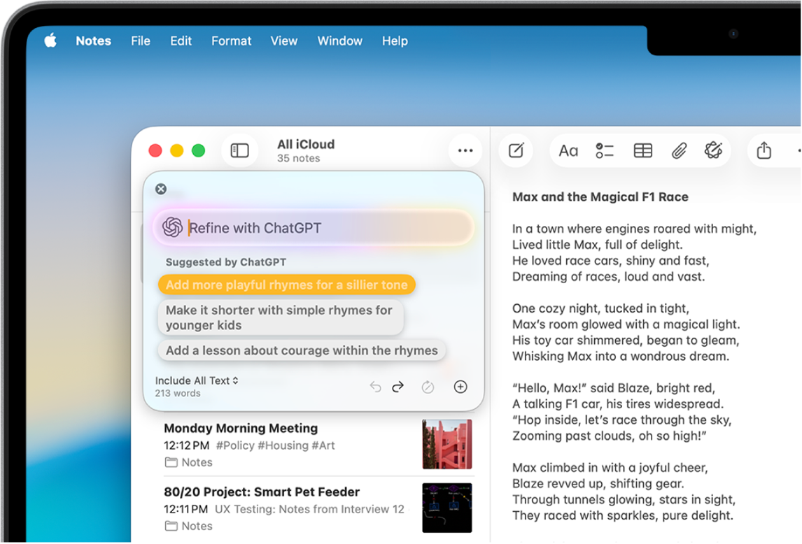 「備忘錄」App 視窗顯示使用「書寫工具」和 ChatGPT 延伸功能撰寫的故事。「使用 ChatGPT 精細調整」對話框包含描述更動、選擇 ChatGPT 建議、還原、改寫和加入照片或文件的選項。