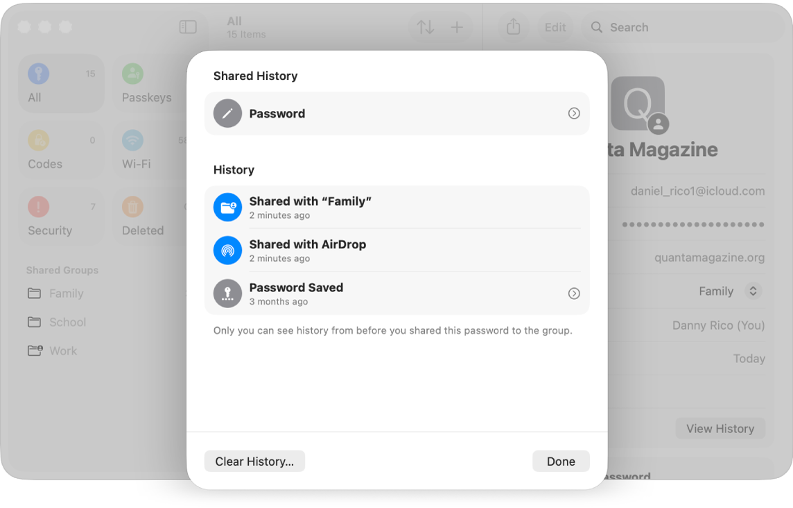 The history of changes to the password for an app account, showing when the password was shared and saved.