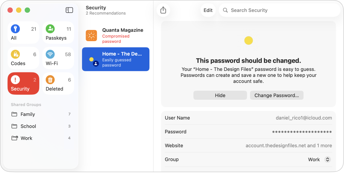 The main screen for the Passwords app, showing the types of passwords in the sidebar on the left (with Security selected), a list of password accounts with potential security concerns in the middle (with Bazare selected) and the details of the Bazare account security concern on the right.