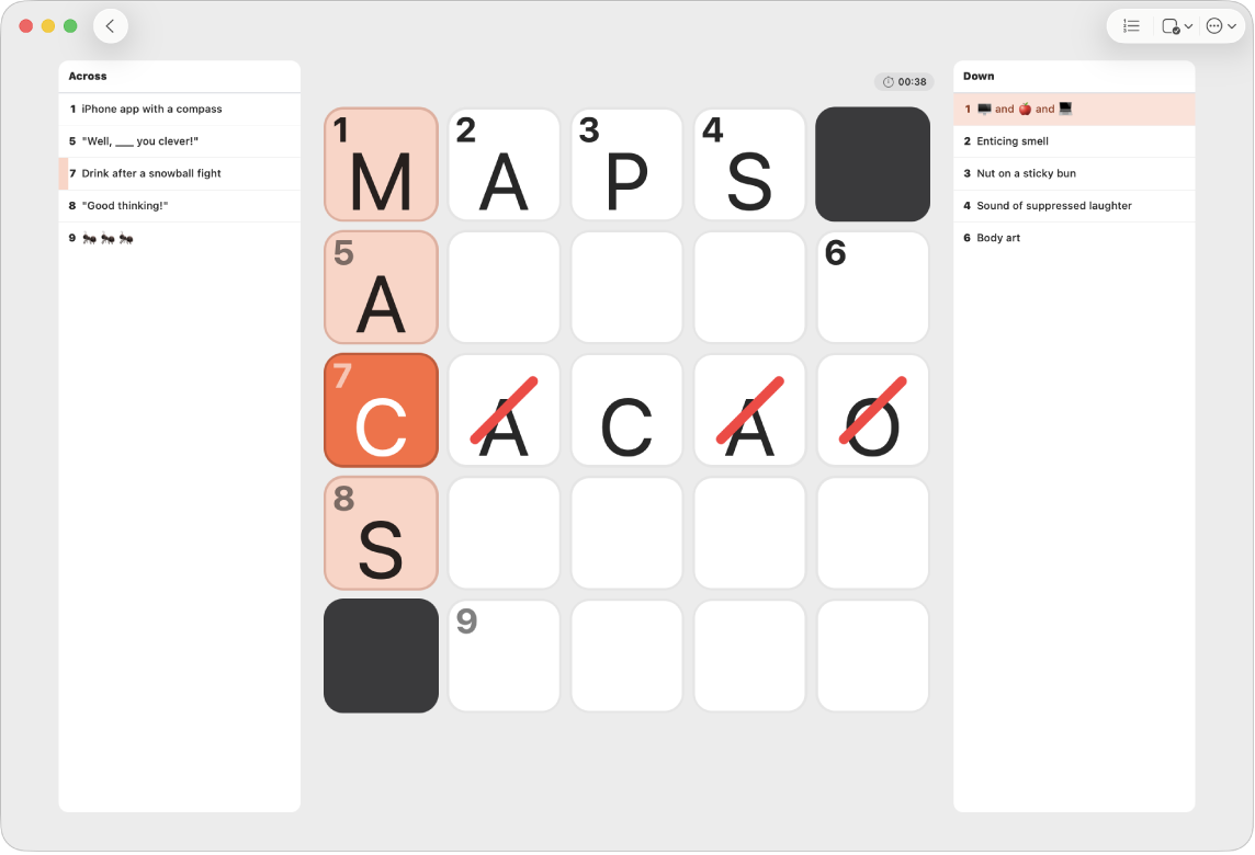 A partially filled crossword mini puzzle, with the clues on each side and errors marked with red slashes.