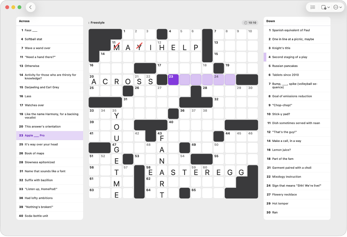 A partially-filled crossword puzzle, with the clues on each side.