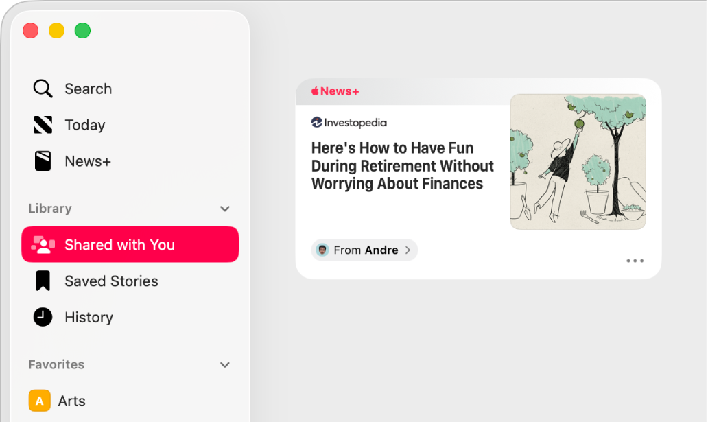 The Apple News window showing Shared with You selected in the sidebar and a shared story on the right.