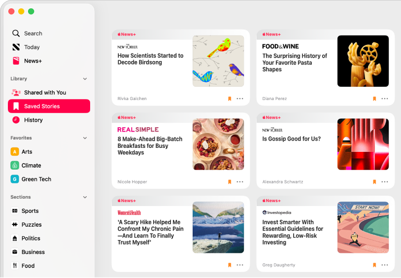 La fenêtre Apple News affichant Articles enregistrés est sélectionnée dans la barre latérale et une grille d’articles enregistrés sur la droite.