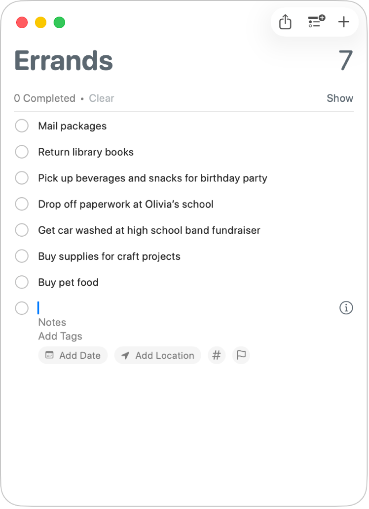 Una llista de recordatoris amb un recordatori seleccionat, camps per escriure la data, la ubicació, etiquetes i un senyal.
