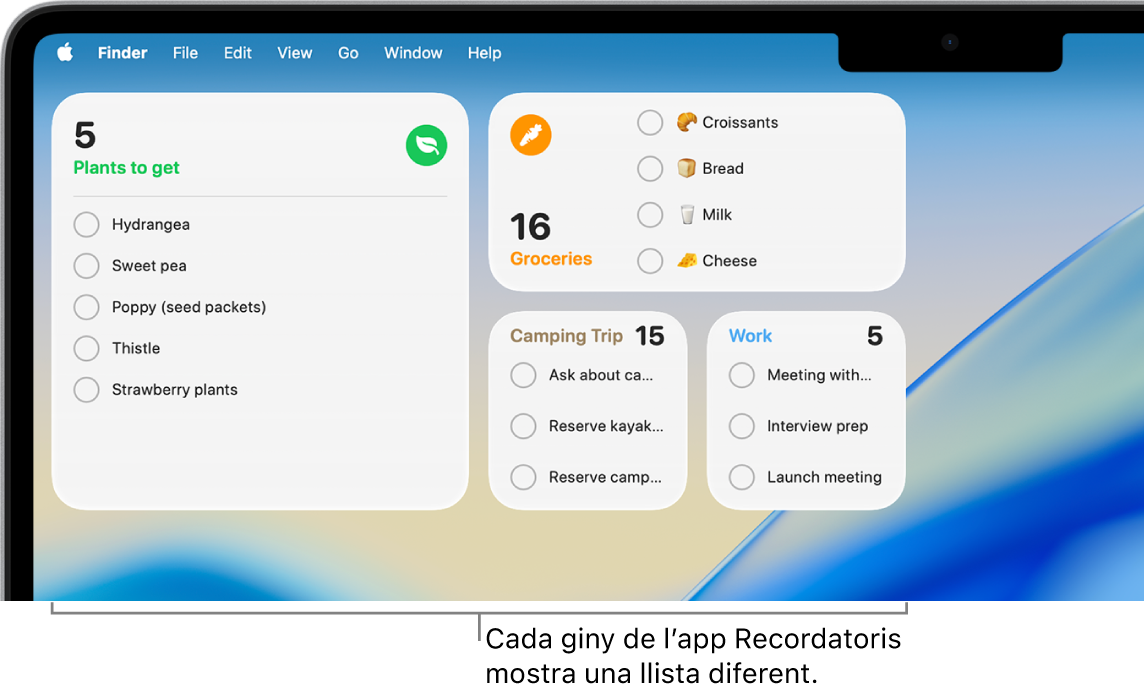 Quatre ginys de l’app Recordatoris a l’escriptori, cadascun amb una llista diferent.