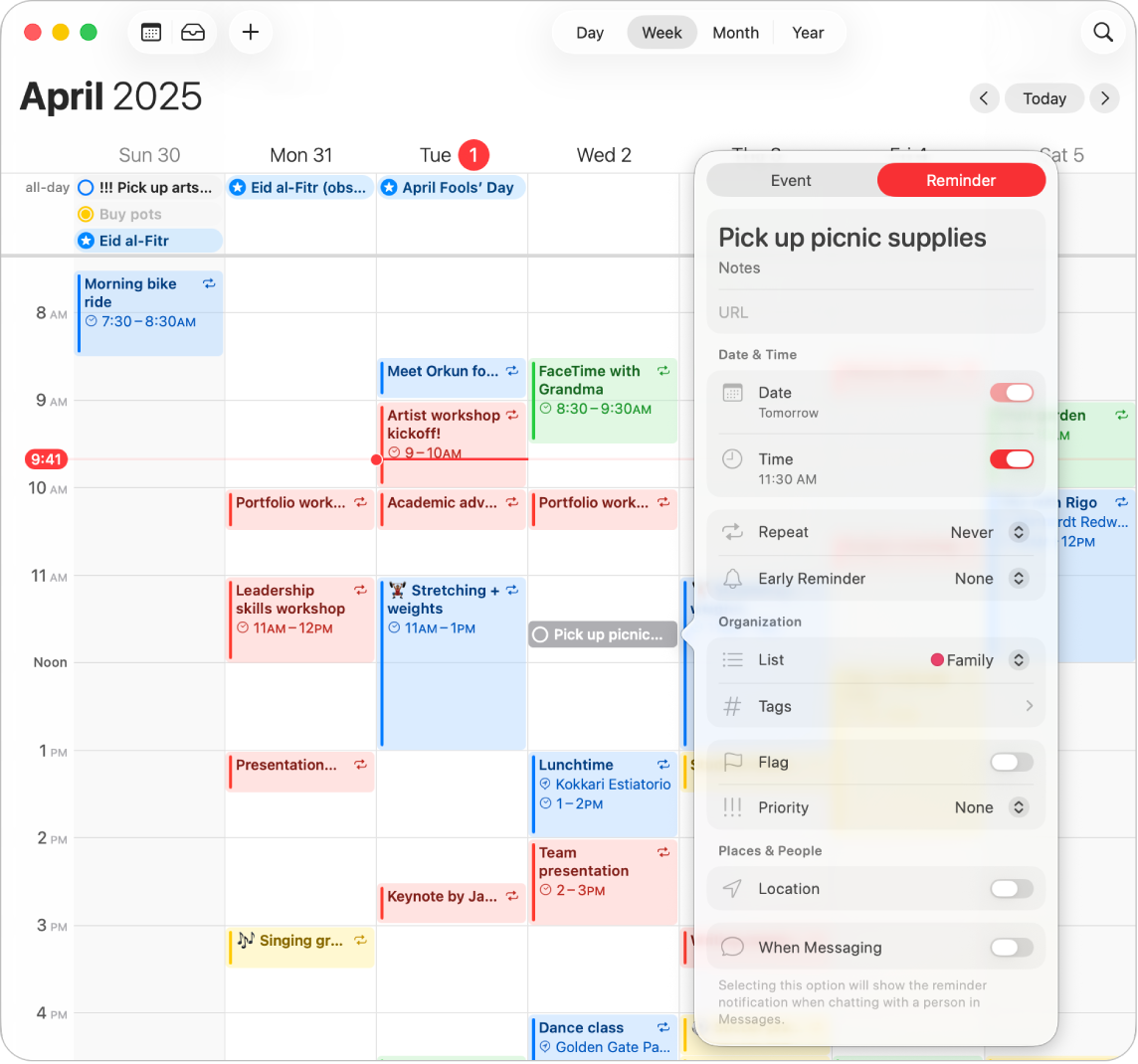 Ein Fenster der App „Kalender“ auf dem Mac mit einem geöffneten Dialogfenster für eine neue Erinnerung.