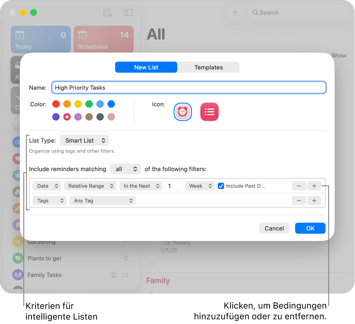 Das Fenster „Neue intelligente Liste“ mit Feldern zum Festlegen von Kriterien