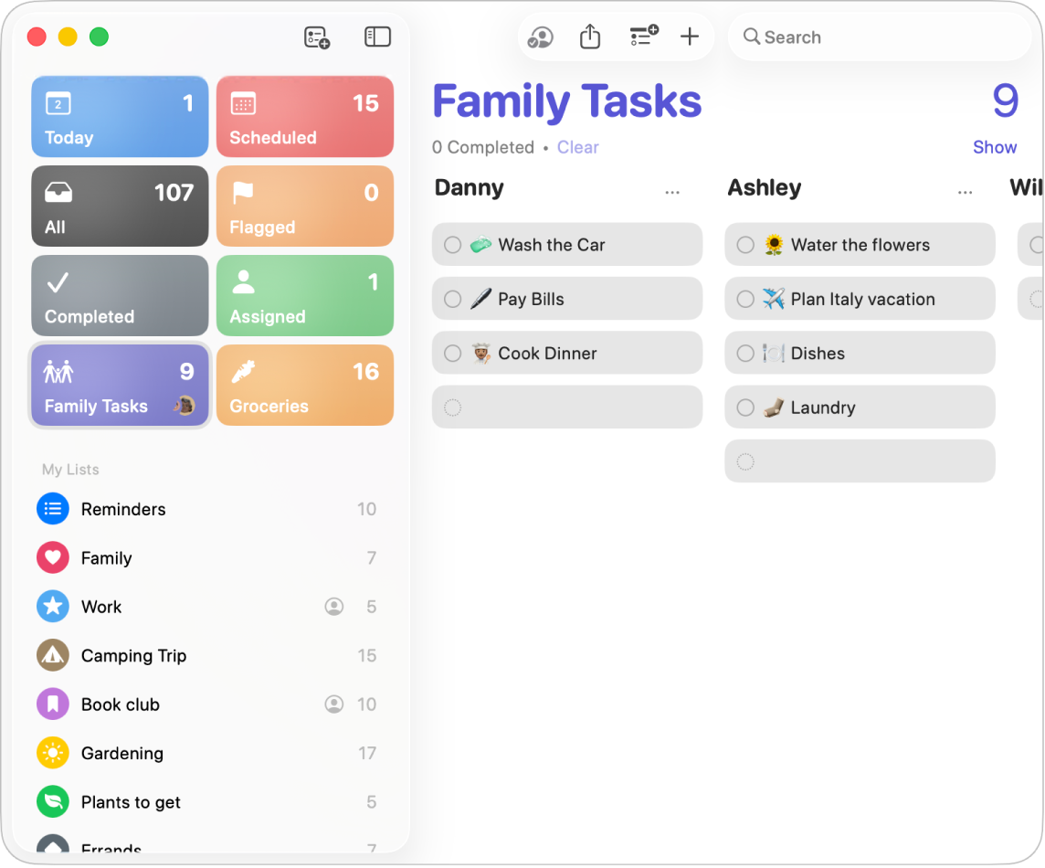 A Reminders window showing a list with sections, viewed as columns.