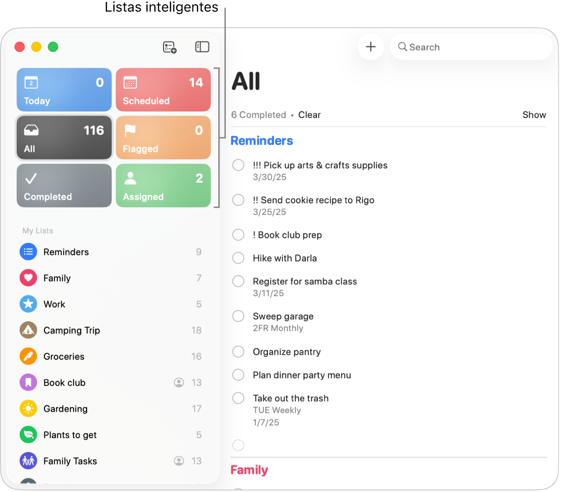 Una ventana de Recordatorios mostrando las listas inteligentes en la barra lateral.