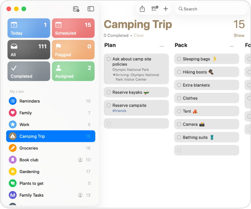 Una ventana de Recordatorios mostrando varias listas y una lista seleccionada en la visualización como columnas al lado derecho.