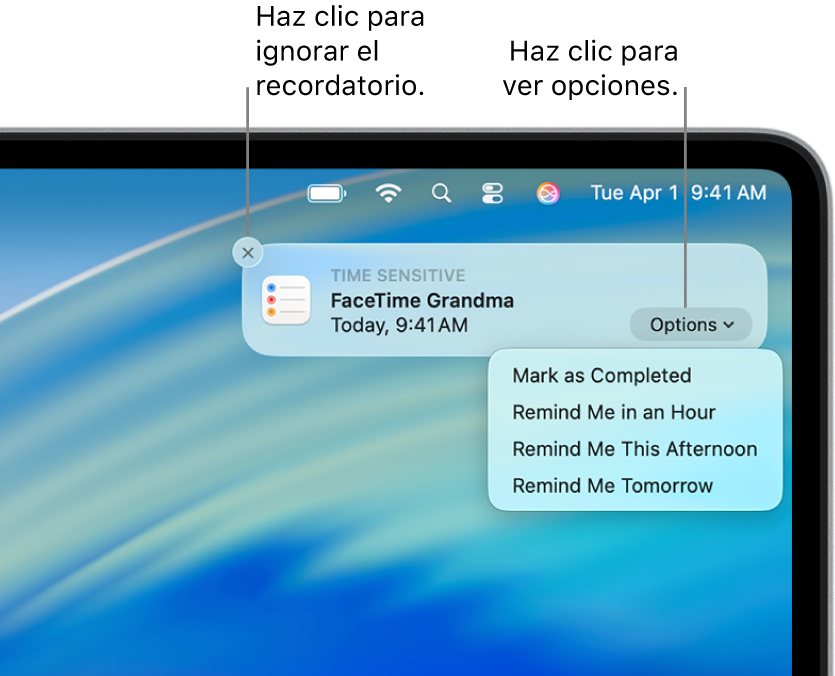 Notificación de un recordatorio con los botones Completado y Más tarde.