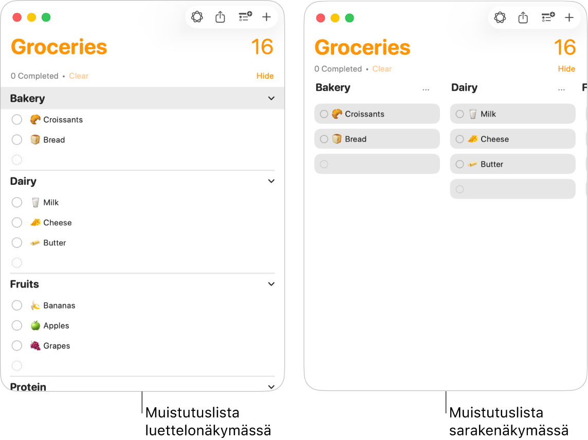 Vasemmalla muistutuslista näkyy luettelona. Oikealla sama muistutuslista näkyy sarakkeina. Muistutuslistassa on kolme osiota, ja niiden otsikoita käytetään sarakkeiden otsikkoina.