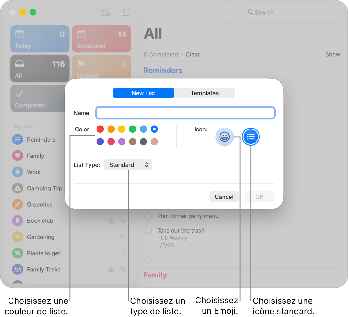 Fenêtre Rappels qui affiche les options pour une nouvelle liste.