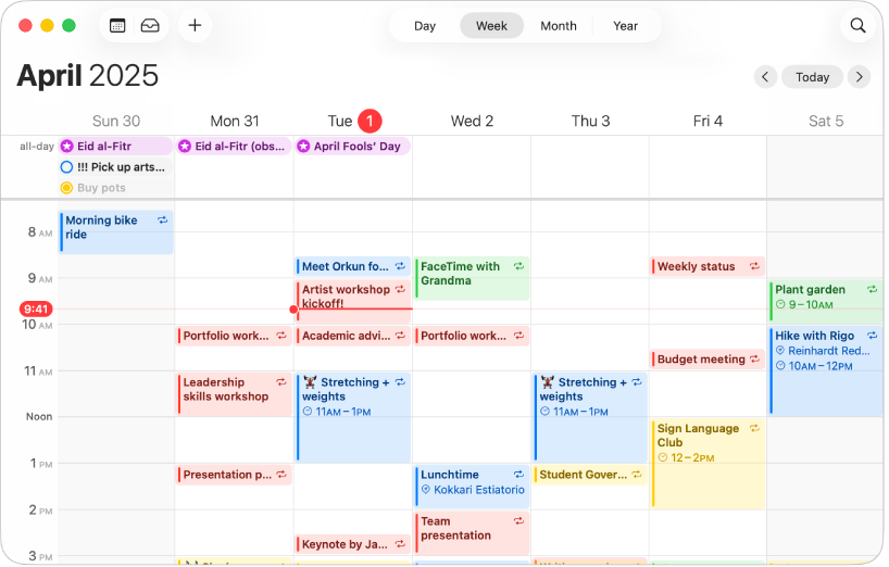 Une fenêtre de l’app Calendrier affichant les évènements et rappels programmés de la semaine.