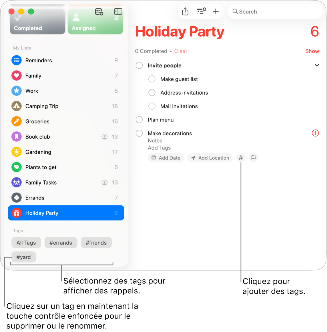 Une fenêtre Rappels affichant plusieurs tags dans la barre latérale et un rappel avec le bouton Tags.