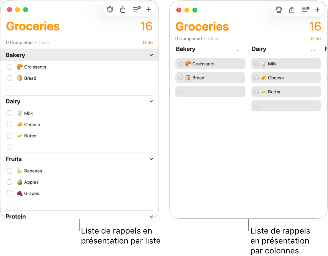 À gauche se trouve une liste de rappels affichée sous forme de liste ; à droite, la même liste de rappels affichée dans des colonnes. La liste de rappels comprend trois sections et les titres de ces dernières sont utilisés pour les en-têtes des colonnes.