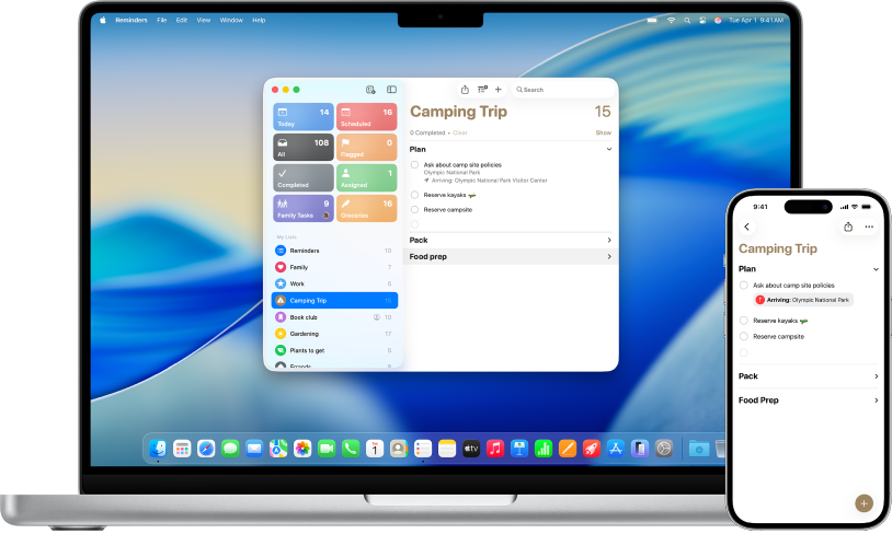 Aplikacija Podsjetnici na Macu i iPhoneu prikazuje isti popis podsjetnika.
