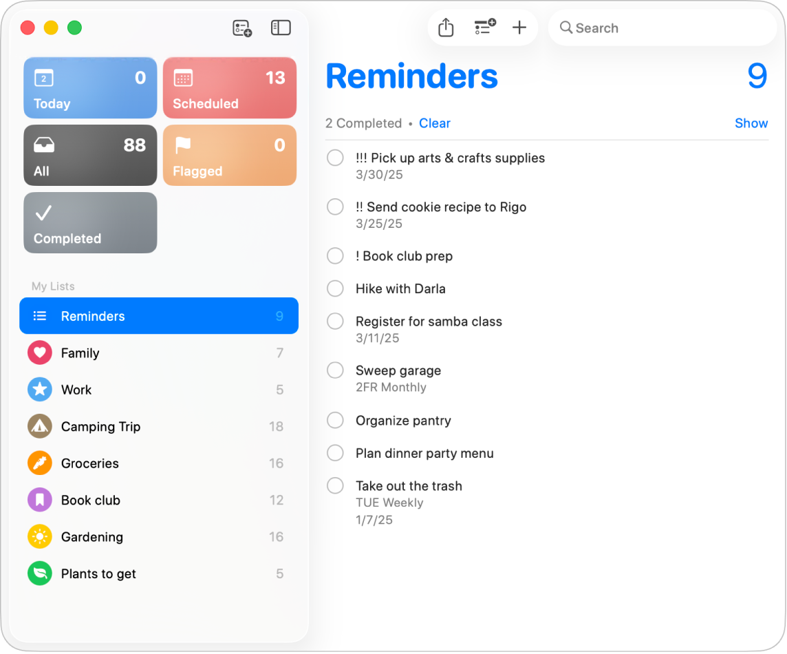 Prozor aplikacije Podsjetnici koji prikazuje popise podsjetnika s iCloud računa u rubnom stupcu.