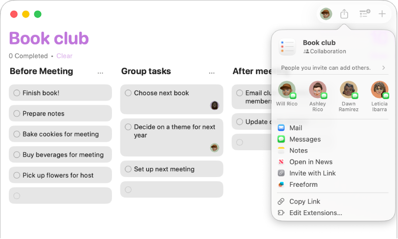 Una finestra dell’app Promemoria che mostra il pulsante Condividi e il menu a comparsa.