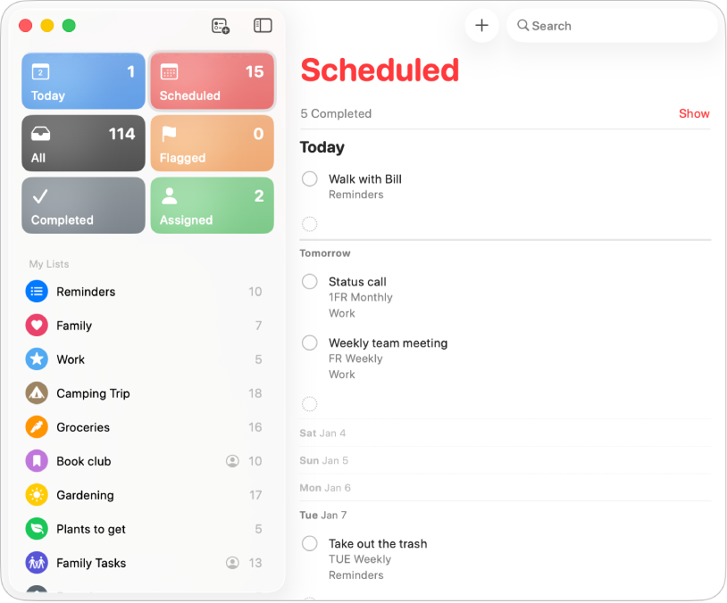 Tetingkap app Peringatan menunjukkan Senarai Pintar Dijadualkan dengan peringatan berjadual untuk hari ini, esok dan 7 Januari.