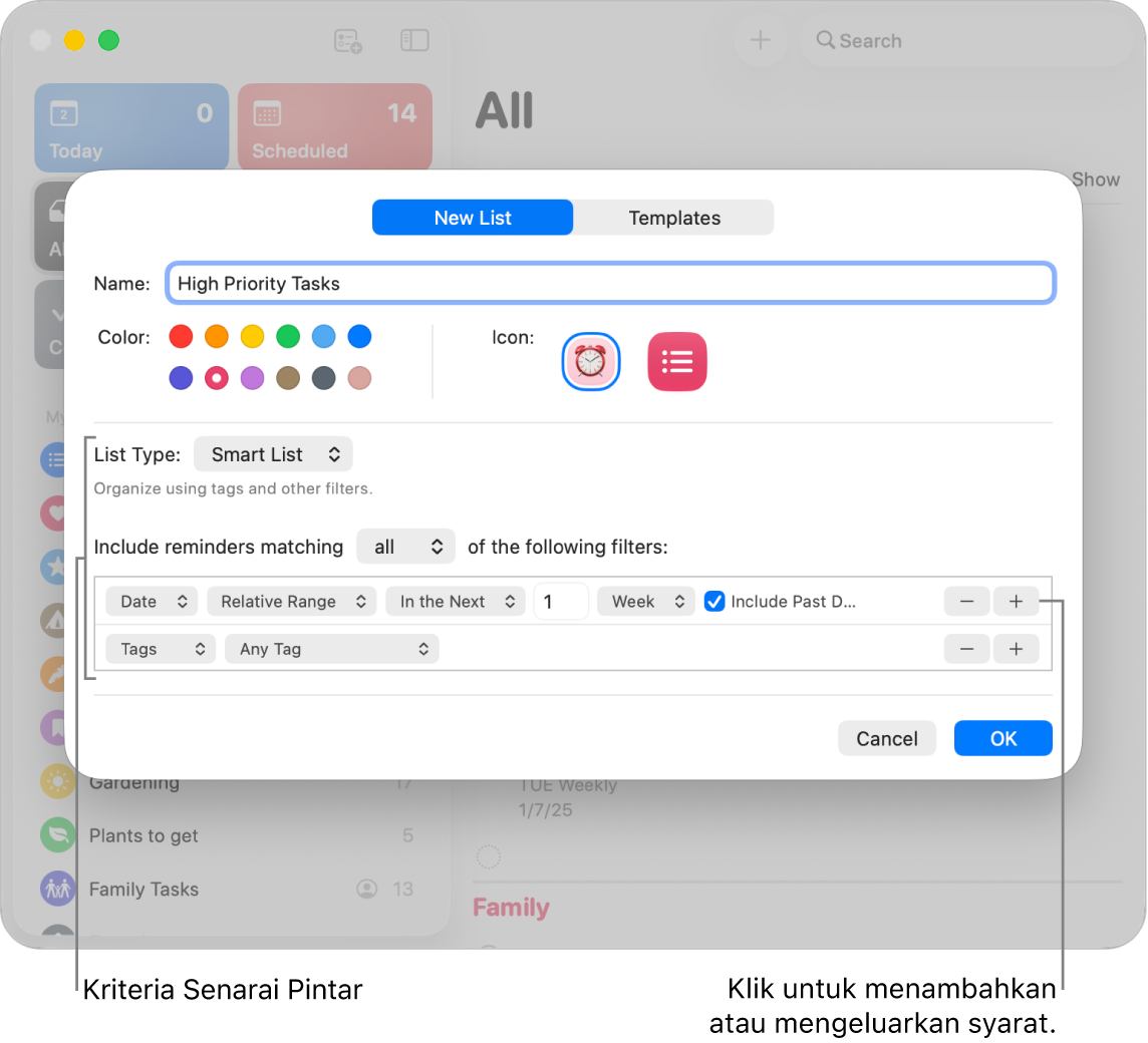 Dialog Senarai Pintar Baharu, menunjukkan medan yang digunakan untuk menentukan kriteria.