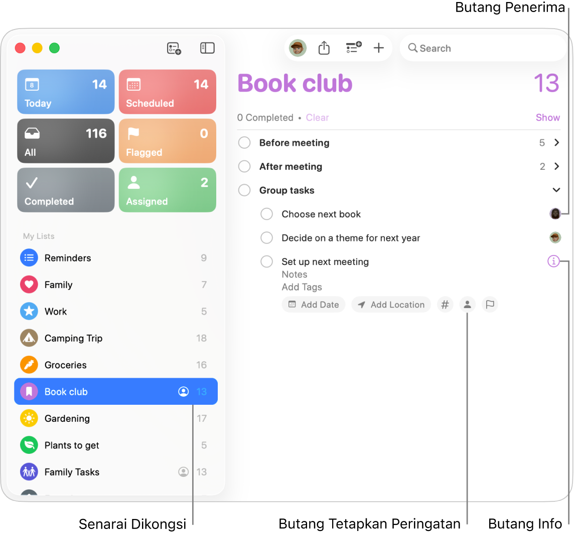 Tetingkap Peringatan menunjukkan senarai dikongsi dengan peringatan ditetapkan.