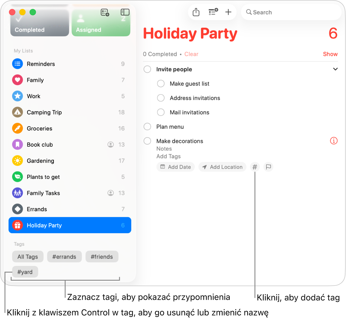 Okno aplikacji Przypomnienia pokazujące kilka tagów na pasku bocznym i przypomnienie z przyciskiem Tagi.
