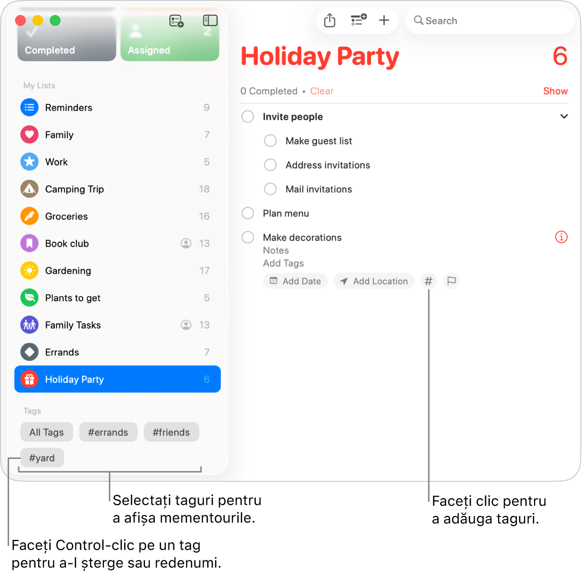 O fereastră Mementouri prezentând mai multe etichete în bara laterală și un memento cu butonul Taguri.