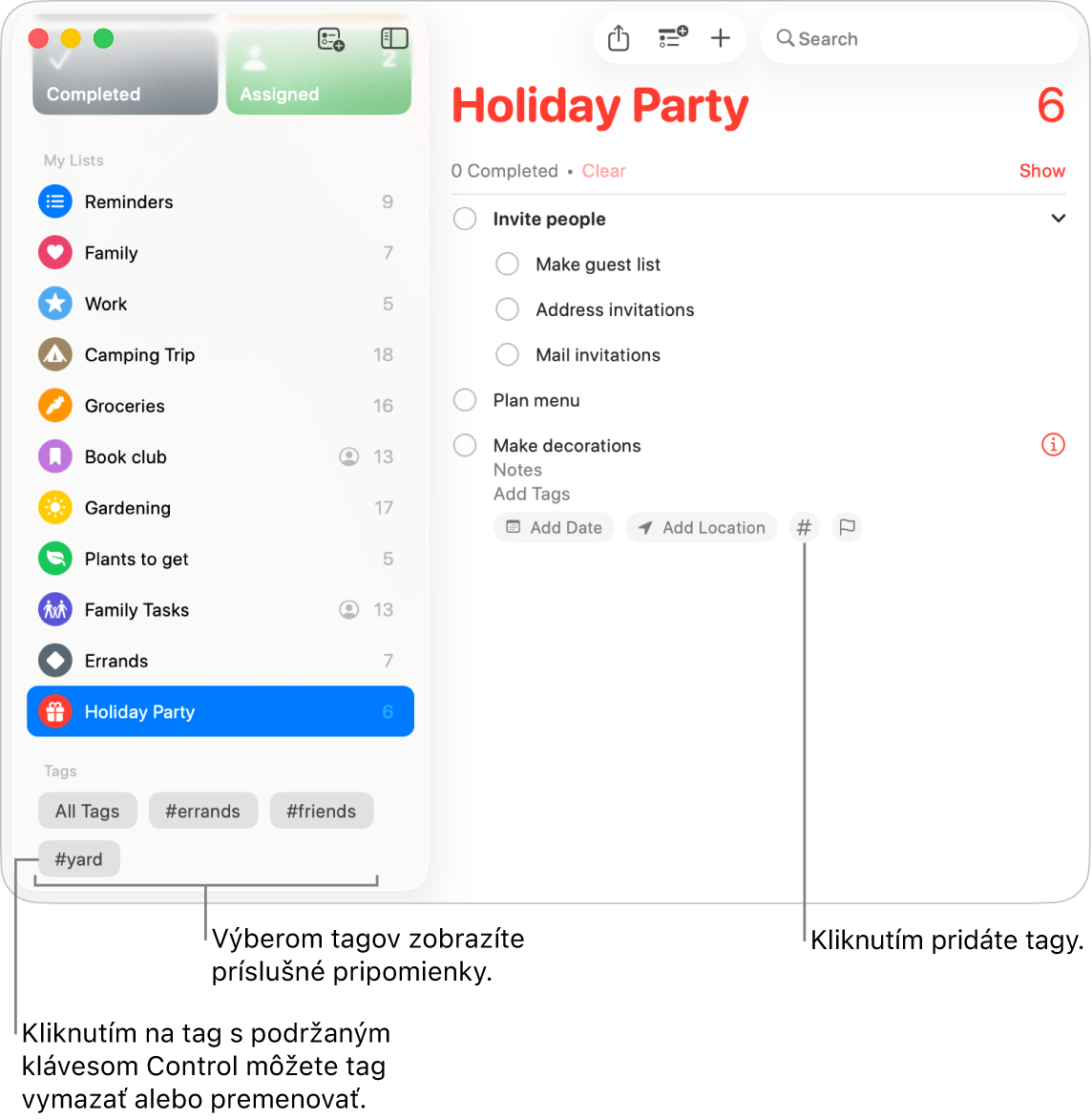 Okno apky Pripomienky zobrazujúce v postrannom paneli niekoľko tagov a pripomienku s tlačidlom Tagy.