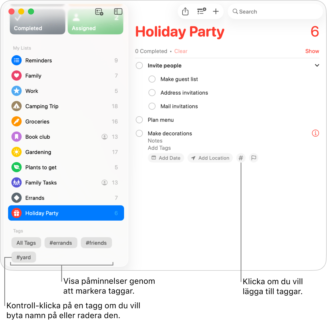 Påminnelser-fönster som visar flera taggar i sidofältet och en påminnelse med taggknappen.