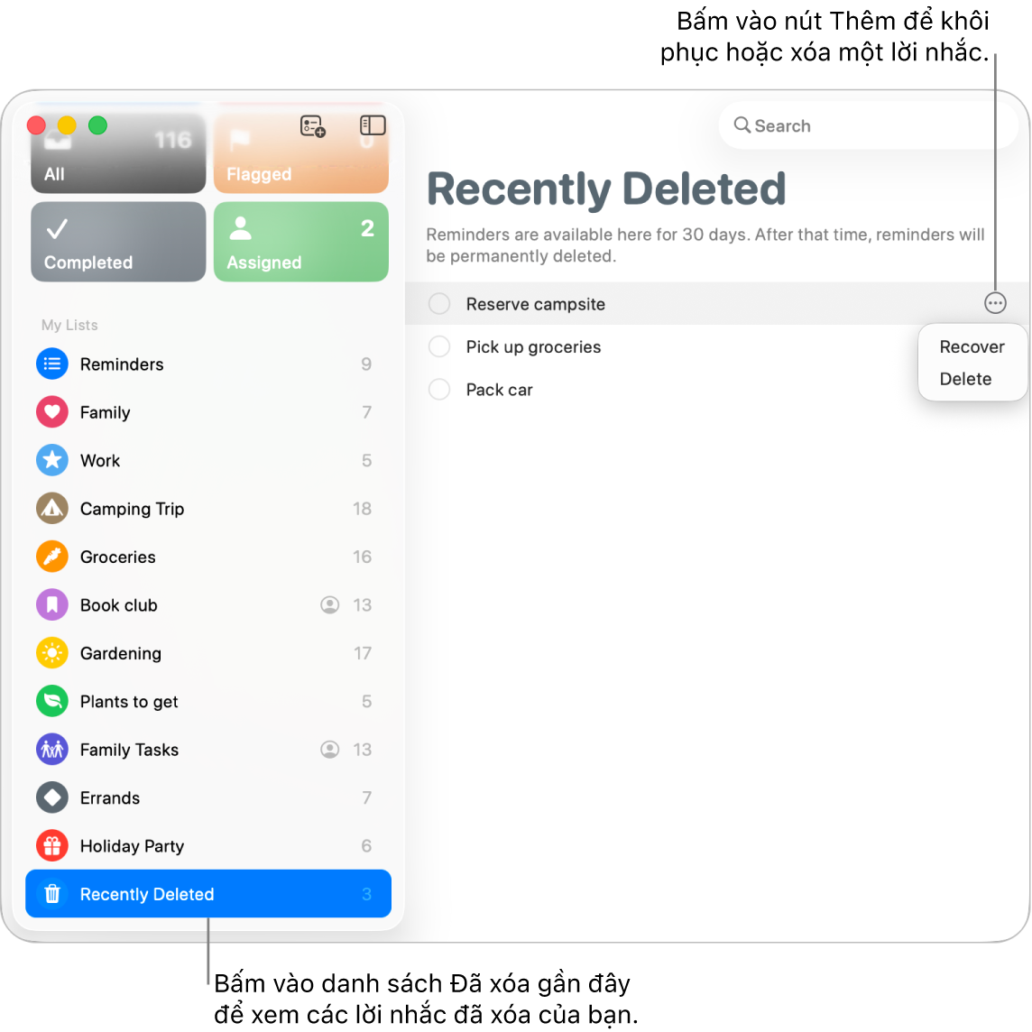Một cửa sổ Lời nhắc đang hiển thị danh sách Đã xóa gần đây được chọn trong thanh bên, và nút Thêm cho một lời nhắc đang hiển thị các tùy chọn Khôi phục hoặc Xóa.