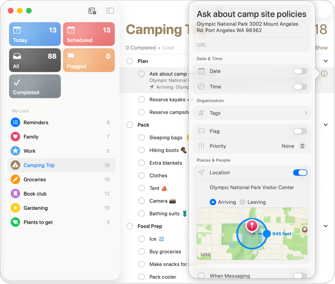 提醒事項詳細資料視窗顯示已設定位置的通知。