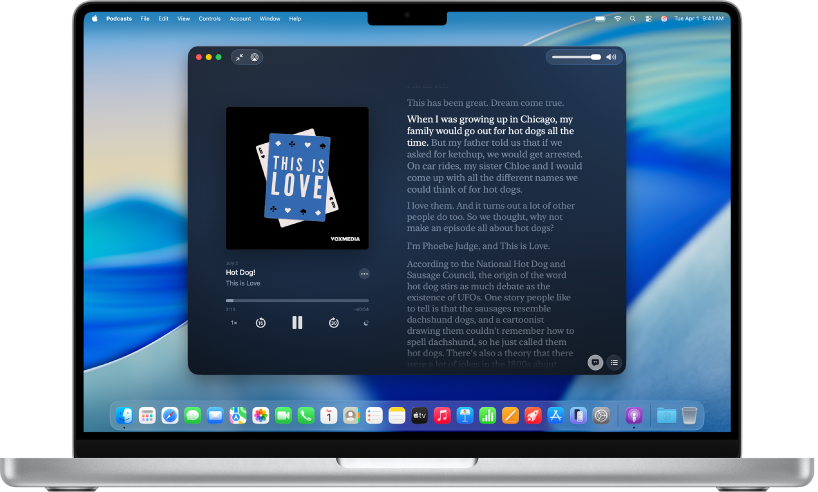 تطبيق Apple Podcasts على Mac، يظهر به نص حوار حلقة. كلمات مميزة تشير إلى ما يقال حاليًا في البودكاست.