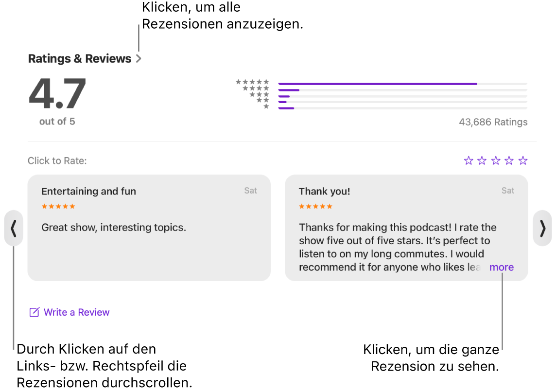 Die Seite „Bewertungen & Rezensionen“ einer Sendung in der App „Podcasts“. Klicke auf den Linkspfeil und den Rechtspfeil am Rand des Bildschirms, um vorwärts oder rückwärts zu scrollen. Klicke auf „Mehr“, um eine komplette Rezension anzuzeigen.