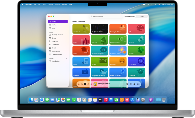 Η εφαρμογή Apple Podcasts σε ένα Mac, όπου εμφανίζονται κατηγορίες podcast στην καρτέλα «Αναζήτηση».