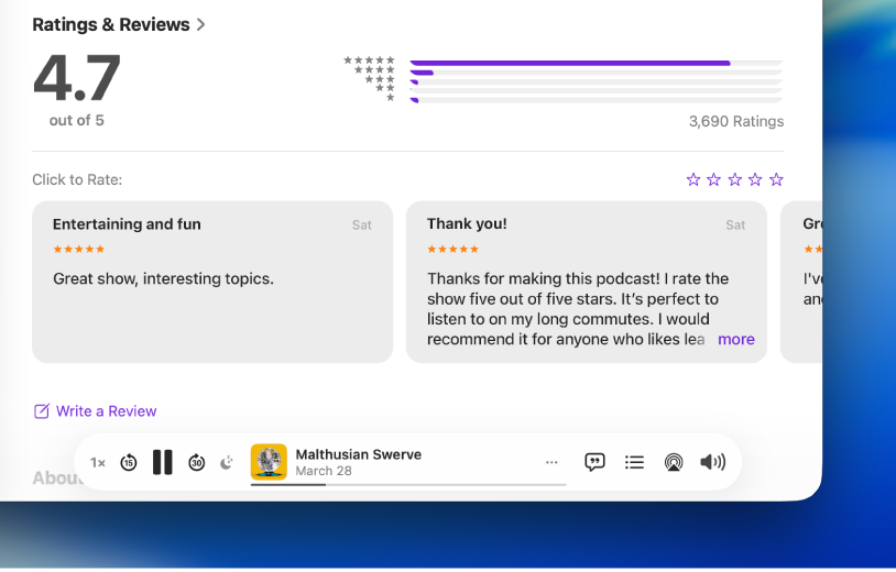 Ohjelman Arviot ja arvostelut -osio Podcastit-apissa, näkyvillä tähtien valinnan alue arvostelun arviointia varten sekä Kirjoita arvostelu -vaihtoehto.