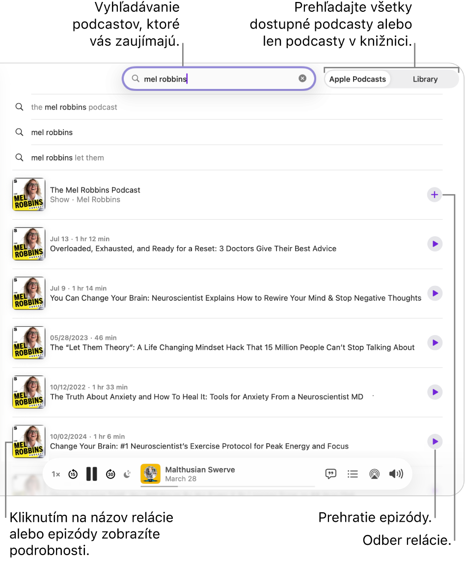 Okno apky Podcasty zobrazujúce text zadaný do vyhľadávacieho poľa v strede hornej časti, a relácie a epizódy, ktoré zodpovedajú vyhľadávaniu vo všetkých podcastoch na obrazovke nižšie. Kliknutím na výsledok sa zobrazia detaily. Kliknite na tlačidlo Nasledovať vedľa relácie, čím ju začnete sledovať. Kliknutím na tlačidlo Prehrať pre epizódu si danú epizódu prehráte.