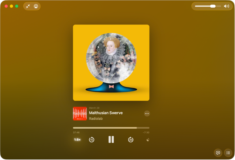 Mac’teki Apple Podcast’ler uygulaması, Şu An Çalınan ekranını gösteriyor. Podcasts penceresinin en altında oynatma hızı, geri sarma, duraklatma/oynatma ve uyku sayacı düğmeleri bulunur.