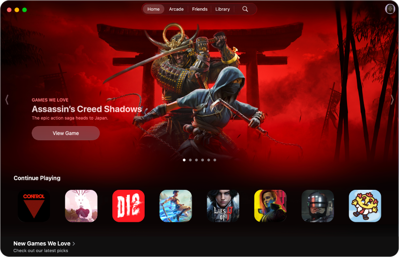 Aplikacija Apple Games prikazuje karticu Home. Na zaslonu se prikazuje promotivni materijal za igru Assassin’s Creed Shadows s odjeljkom Nastavi igrati.